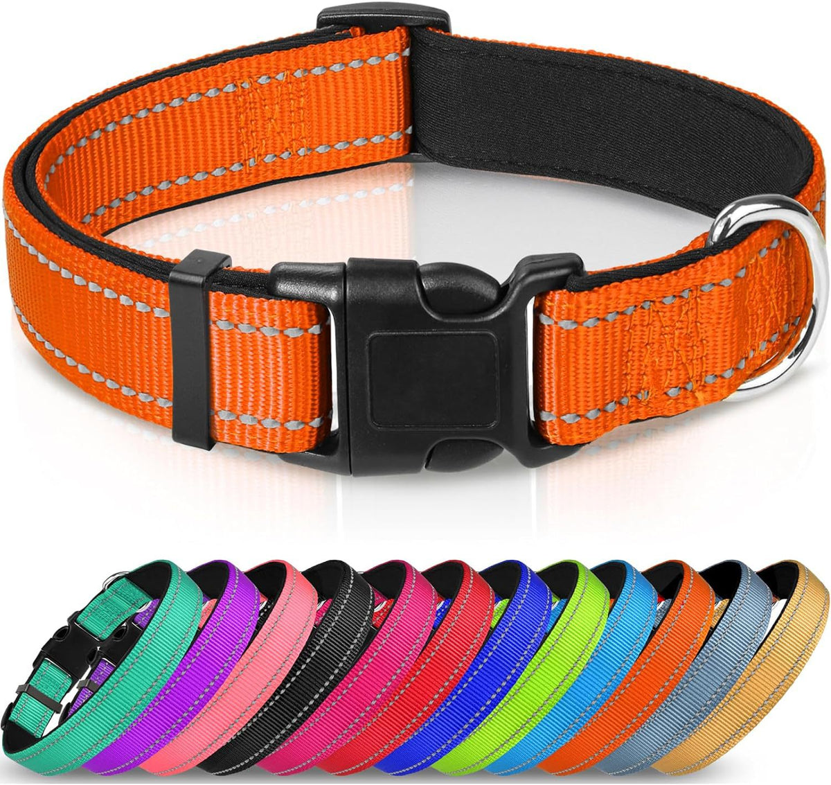 Adjustable Reflective Nylon Webbing Dog Collar in black with colorful options below, showcasing comfort and durability.