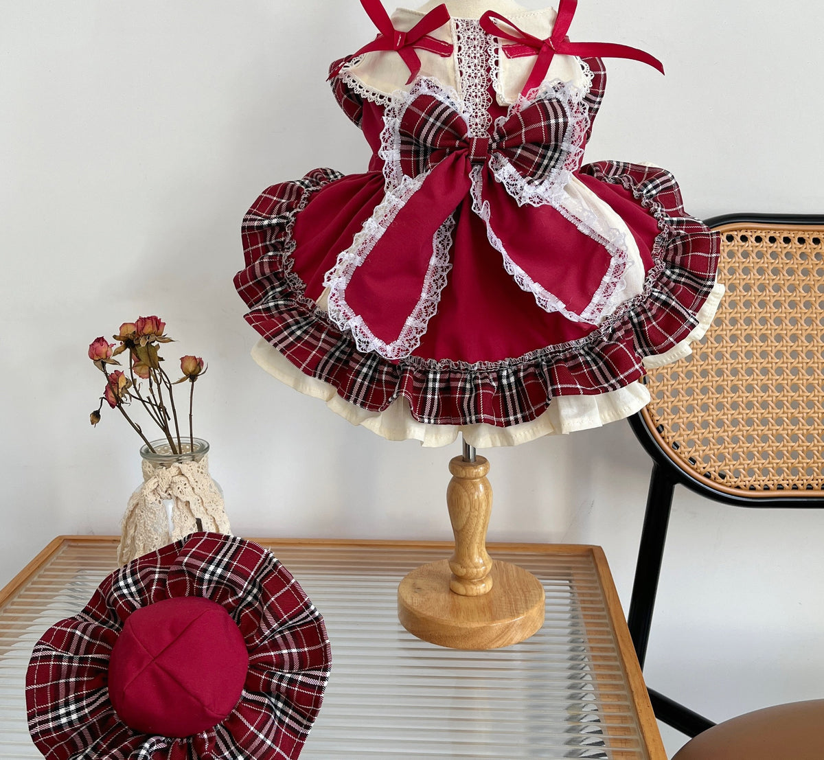 Robe de princesse Lolita avec nœud pour animal, à carreaux et dentelle