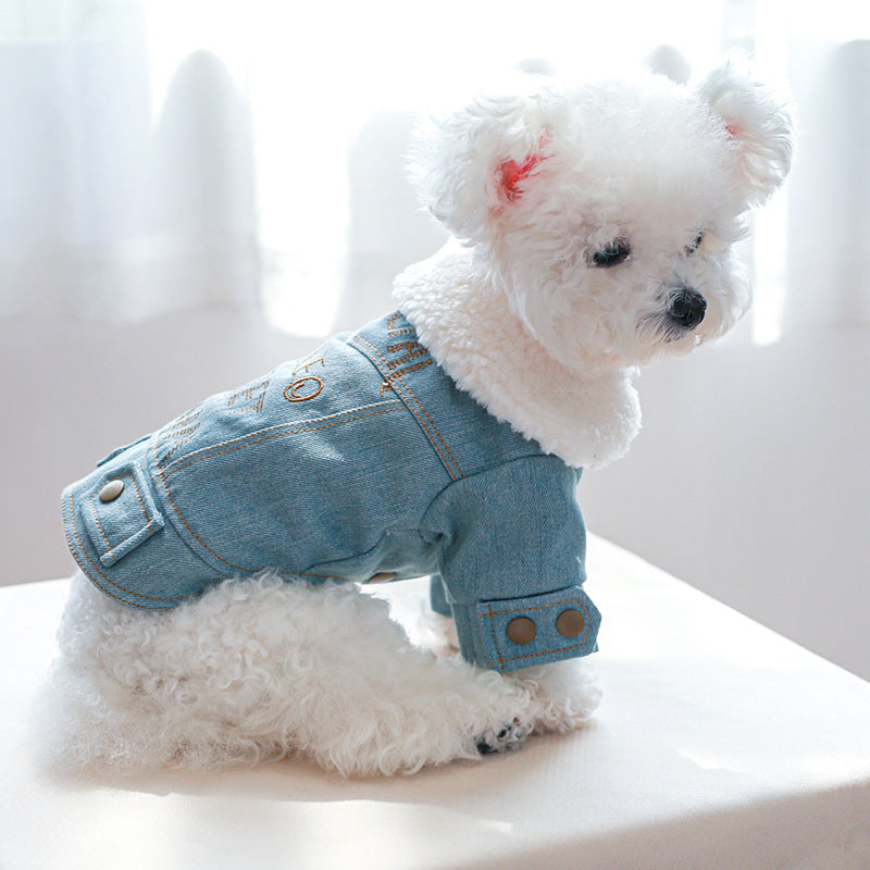 Manteau pour animal en coton denim épais doublé en peluche avec lettres anglaises