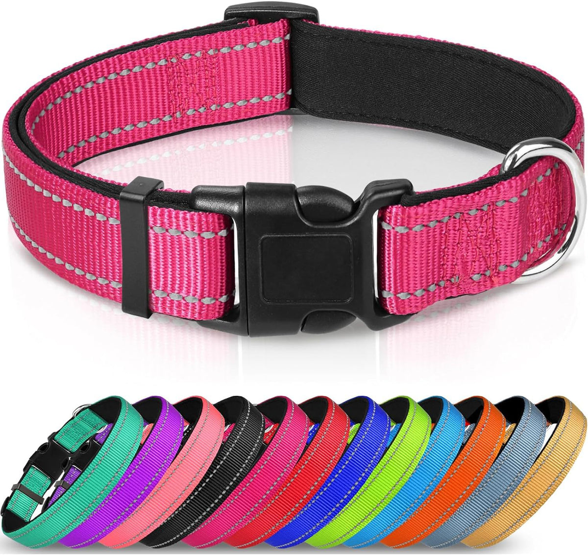 Adjustable Reflective Nylon Webbing Dog Collar in black with colorful options below, showcasing comfort and durability.