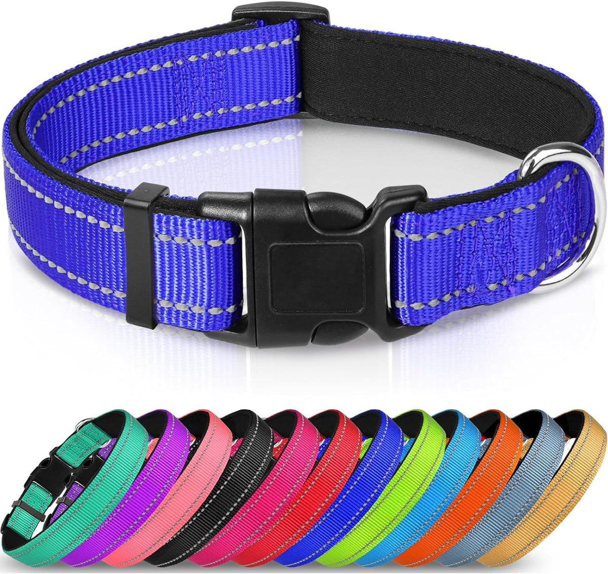 Adjustable Reflective Nylon Webbing Dog Collar in black with colorful options below, showcasing comfort and durability.