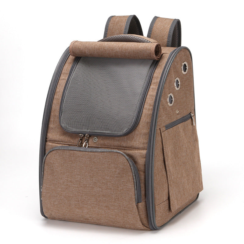 Blue dog backpack carrier showing a happy cat sticking out its tongue, ideal for traveling with pets.