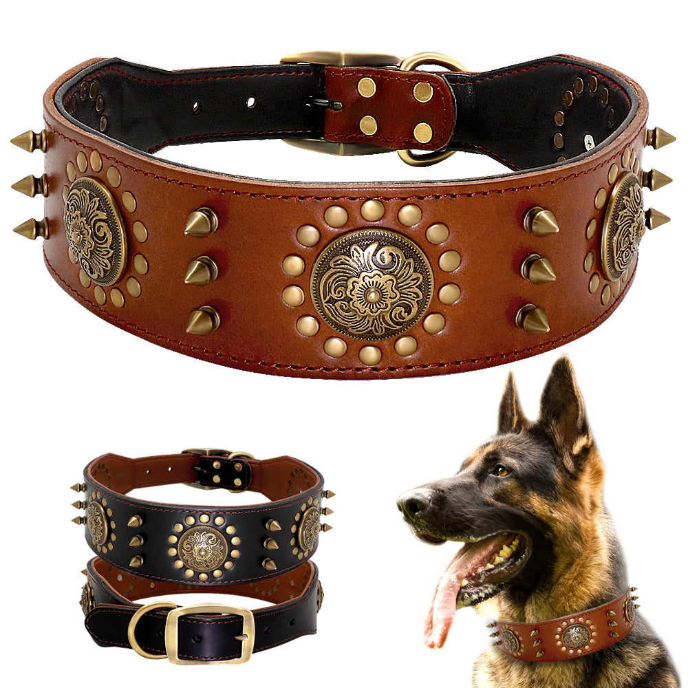 Collier clouté en cuir pour grand chien, anti-morsure