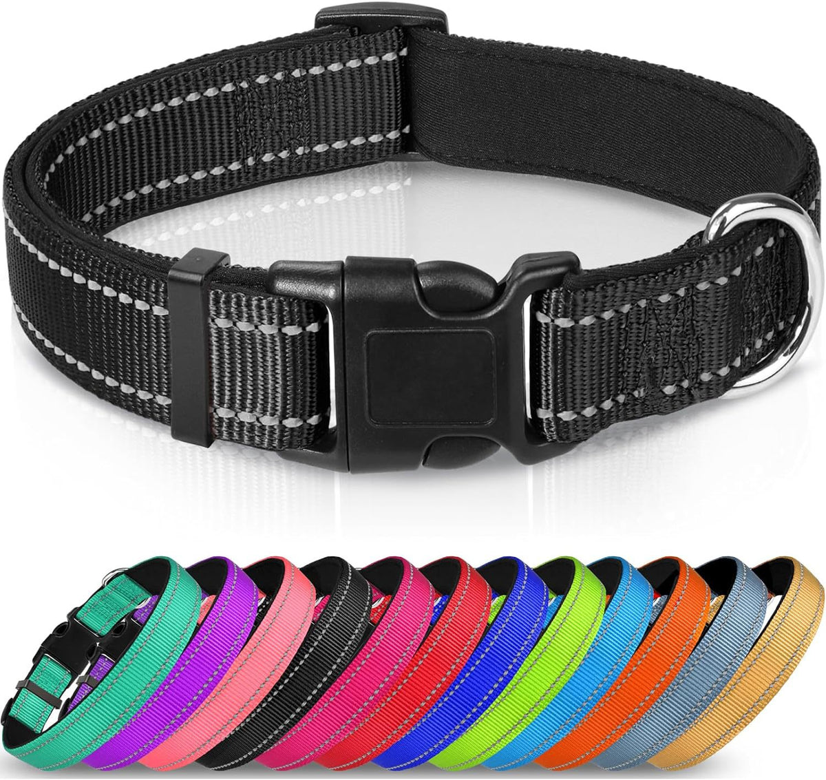 Adjustable Reflective Nylon Webbing Dog Collar in black with colorful options below, showcasing comfort and durability.