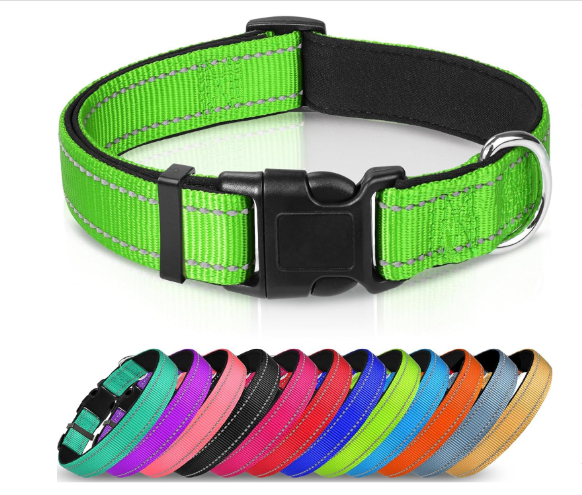 Adjustable Reflective Nylon Webbing Dog Collar in black with colorful options below, showcasing comfort and durability.