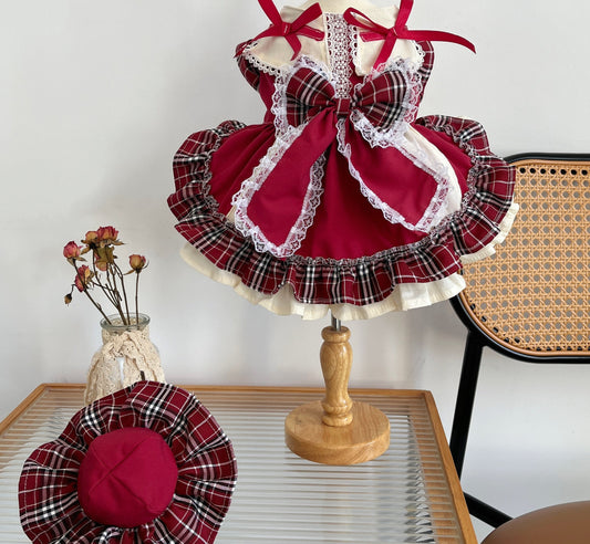 Robe de princesse Lolita avec nœud pour animal, à carreaux et dentelle