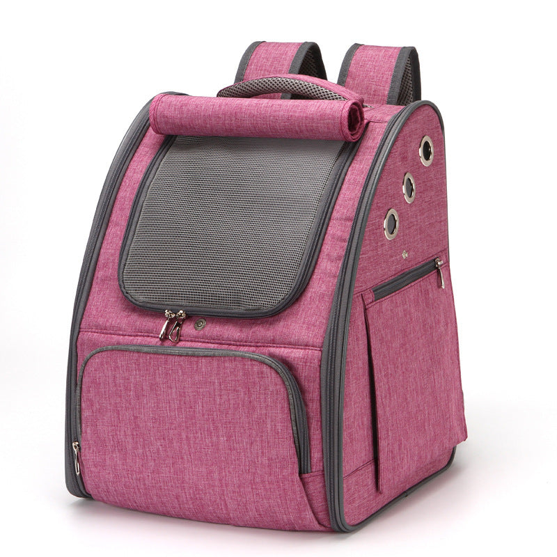 Blue dog backpack carrier showing a happy cat sticking out its tongue, ideal for traveling with pets.