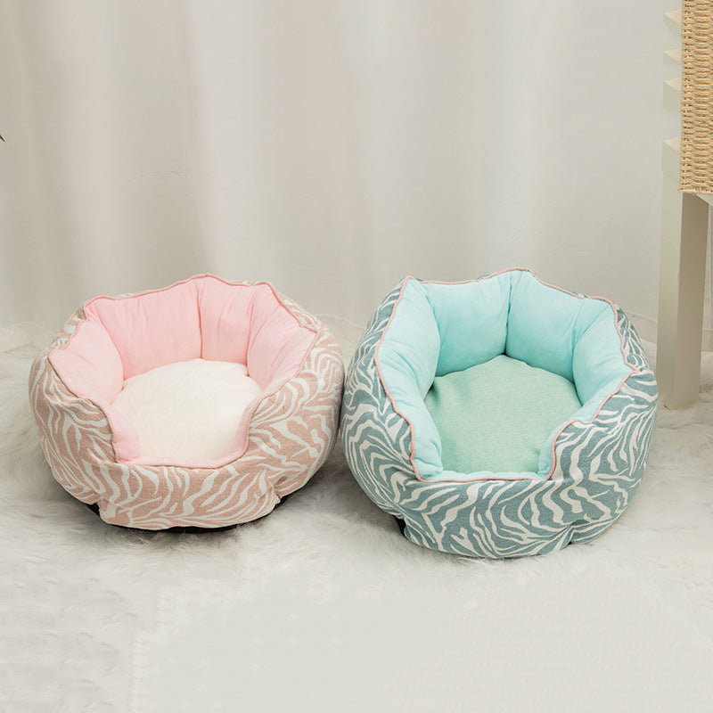Lit pour animal de compagnie, panier d'hiver chaud, lit pour chien et chat, en laine douce avec motif à pois, niche pour animal, tapis amovible, forme octogonale, canapé-lit pour chien et chat