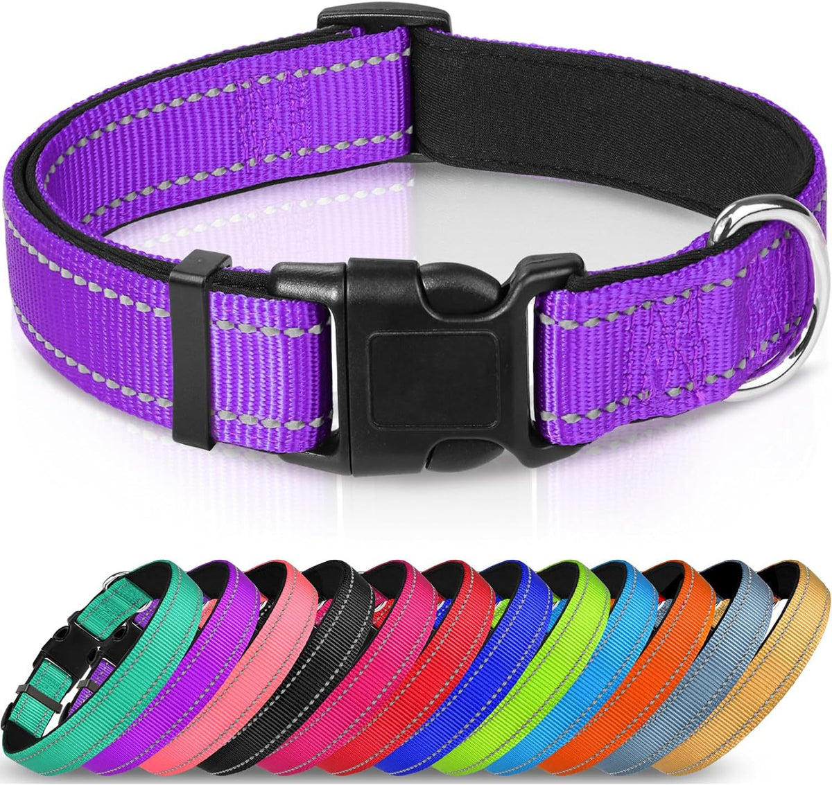 Adjustable Reflective Nylon Webbing Dog Collar in black with colorful options below, showcasing comfort and durability.