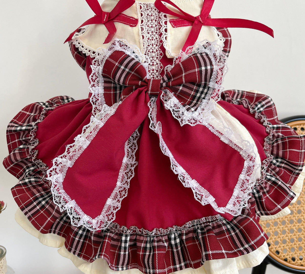 Robe de princesse Lolita avec nœud pour animal, à carreaux et dentelle