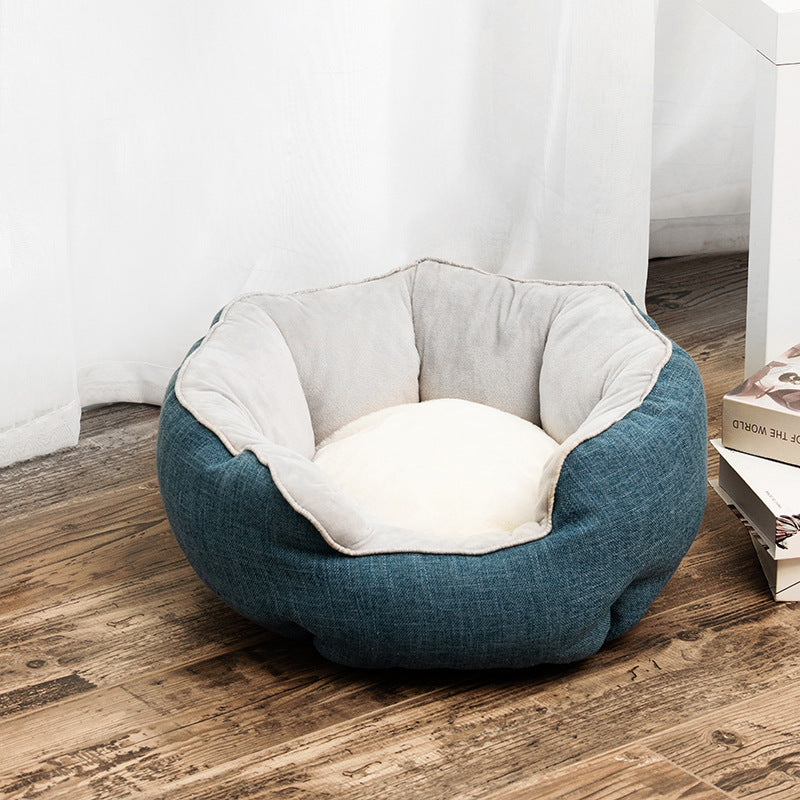 Lit pour animal de compagnie, panier d'hiver chaud, lit pour chien et chat, en laine douce avec motif à pois, niche pour animal, tapis amovible, forme octogonale, canapé-lit pour chien et chat