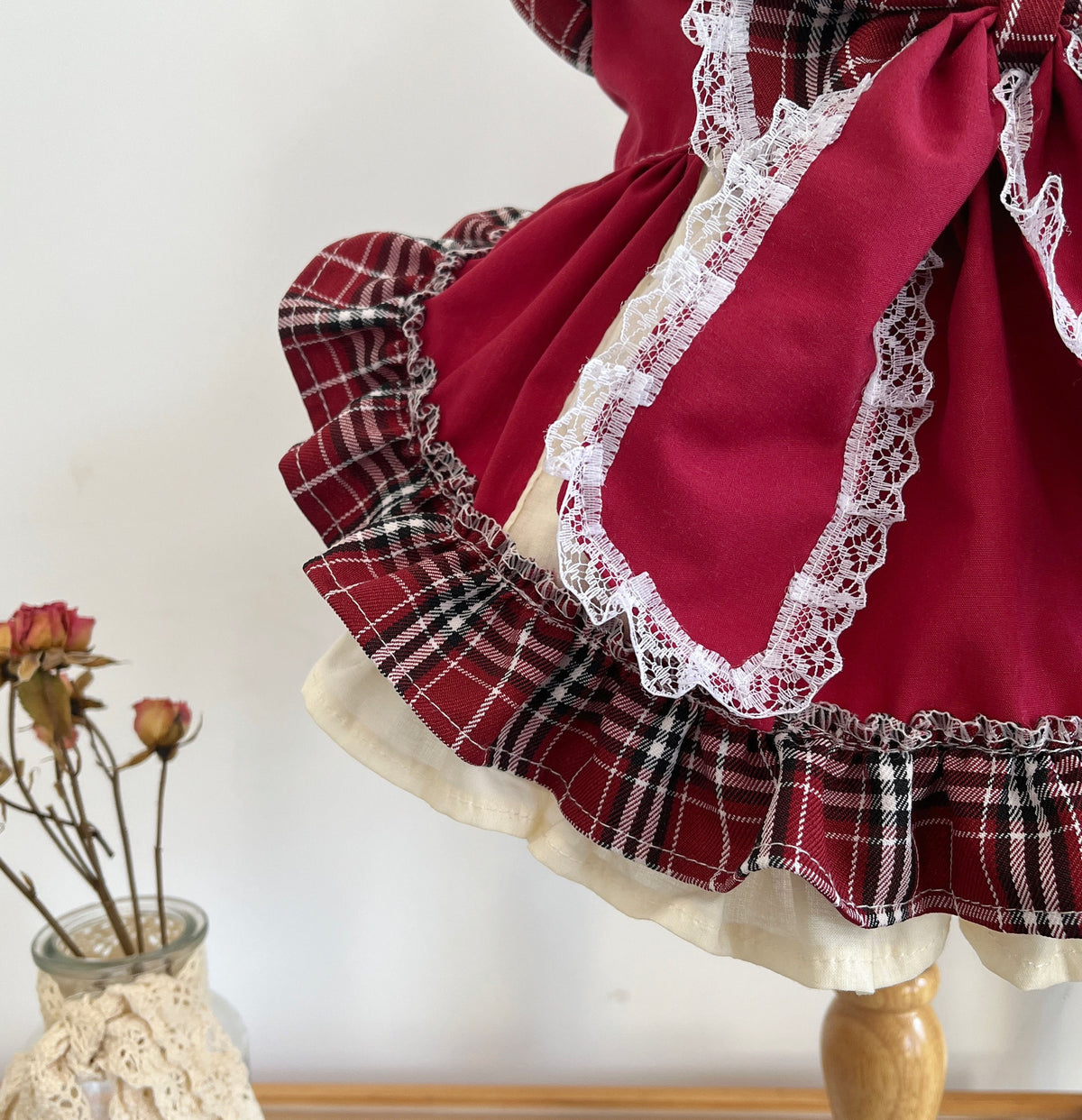 Robe de princesse Lolita avec nœud pour animal, à carreaux et dentelle