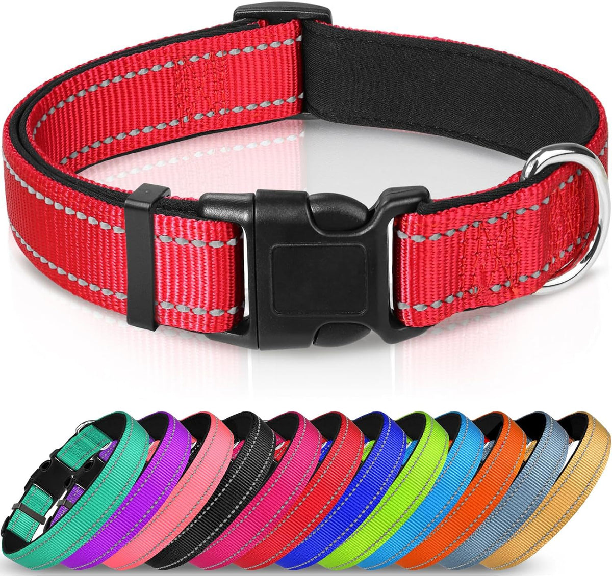 Adjustable Reflective Nylon Webbing Dog Collar in black with colorful options below, showcasing comfort and durability.