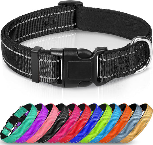Adjustable Reflective Nylon Webbing Dog Collar in black with colorful options below, showcasing comfort and durability.