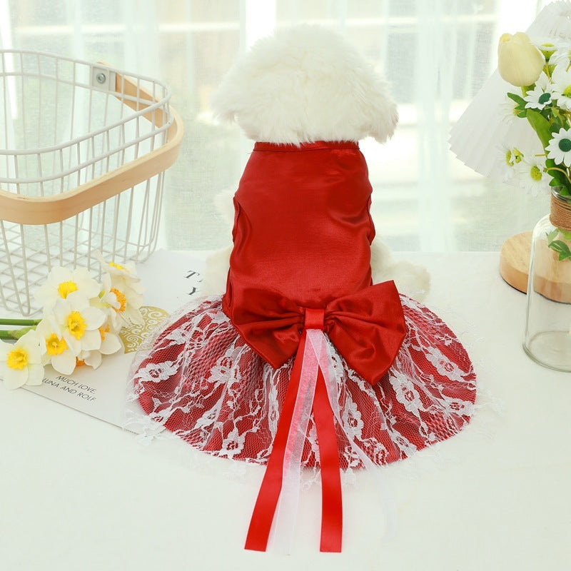 Pet Wedding Dress Bowknot Dog Thin Skirt