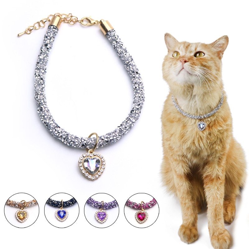 Collier pour chat avec pendentif cœur à bijoux, strass réfléchissants pour fête