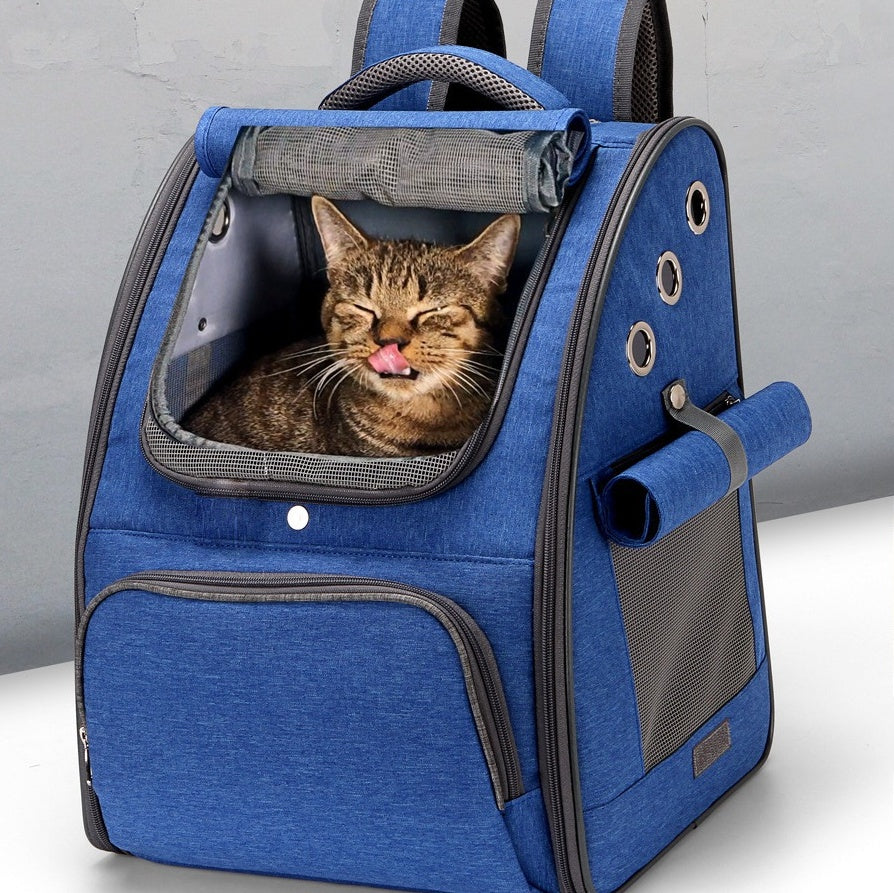 Blue dog backpack carrier showing a happy cat sticking out its tongue, ideal for traveling with pets.
