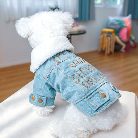 Manteau pour animal en coton denim épais doublé en peluche avec lettres anglaises