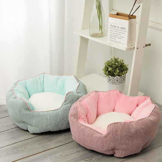 Lit pour animal de compagnie, panier d'hiver chaud, lit pour chien et chat, en laine douce avec motif à pois, niche pour animal, tapis amovible, forme octogonale, canapé-lit pour chien et chat