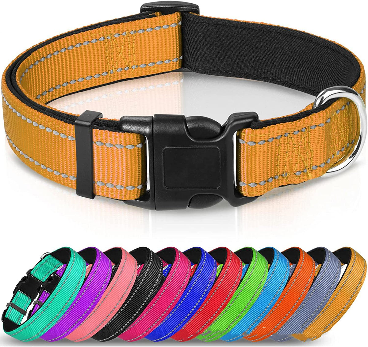Adjustable Reflective Nylon Webbing Dog Collar in orange with various color options displayed.