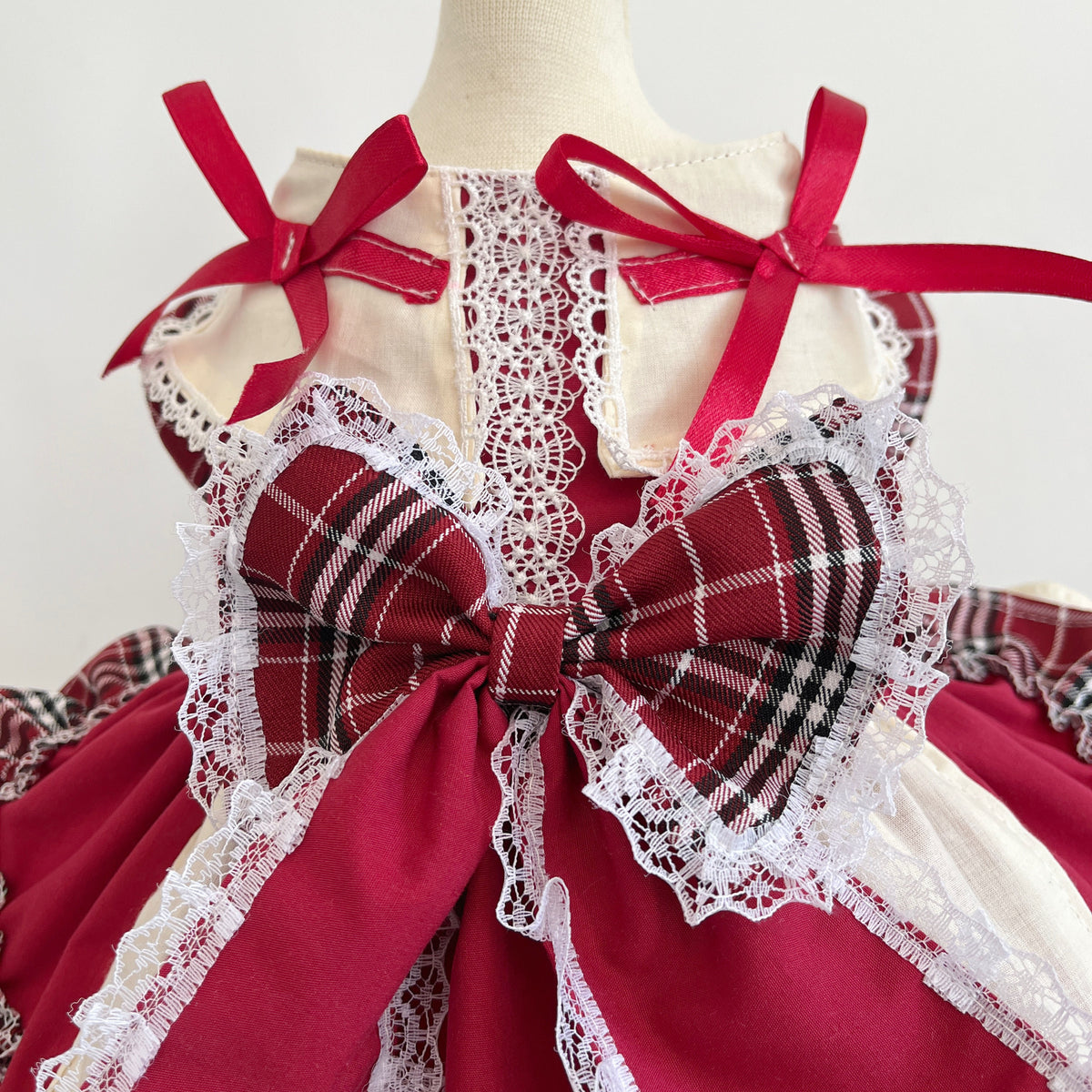 Robe de princesse Lolita avec nœud pour animal, à carreaux et dentelle