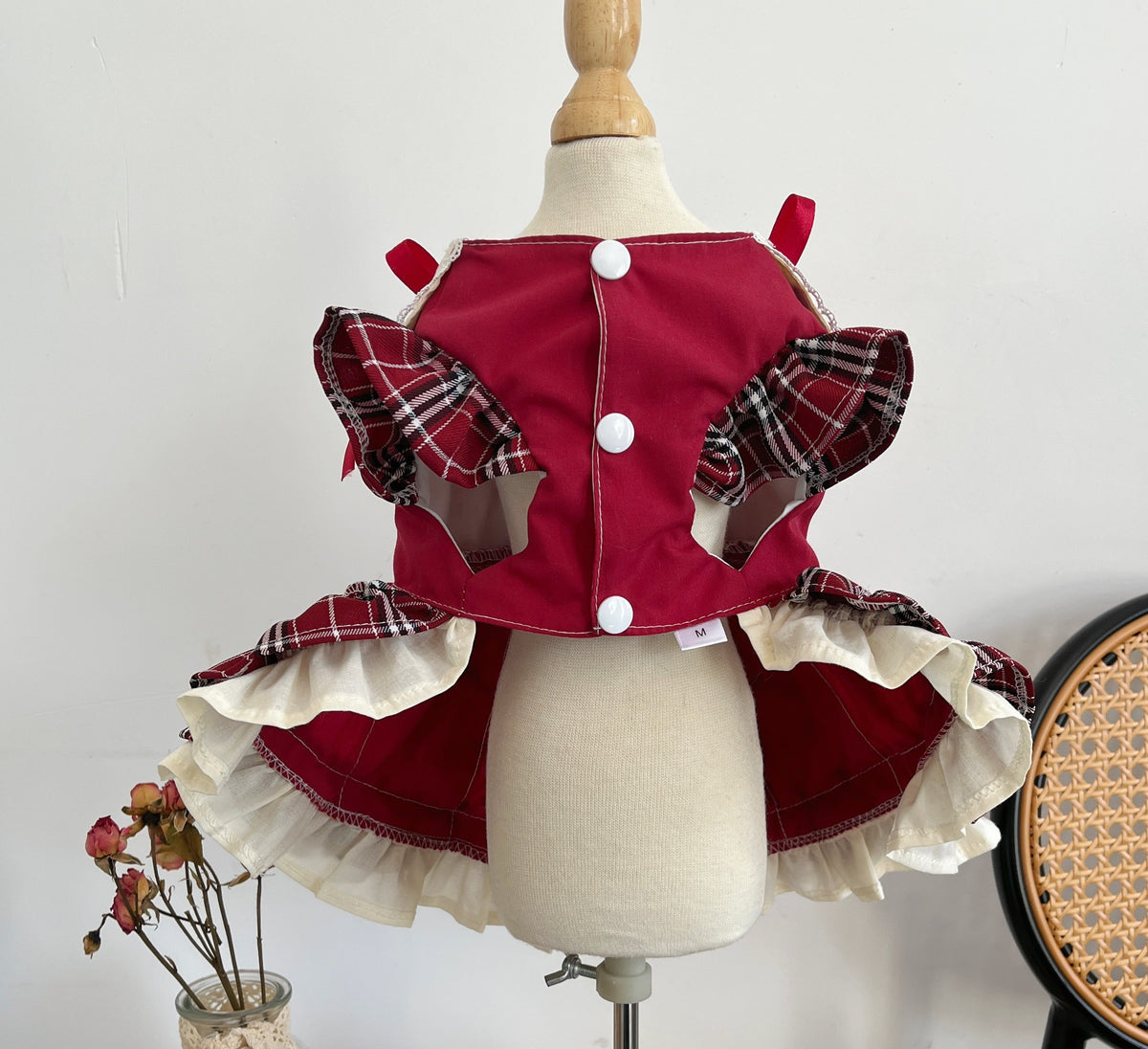 Robe de princesse Lolita avec nœud pour animal, à carreaux et dentelle
