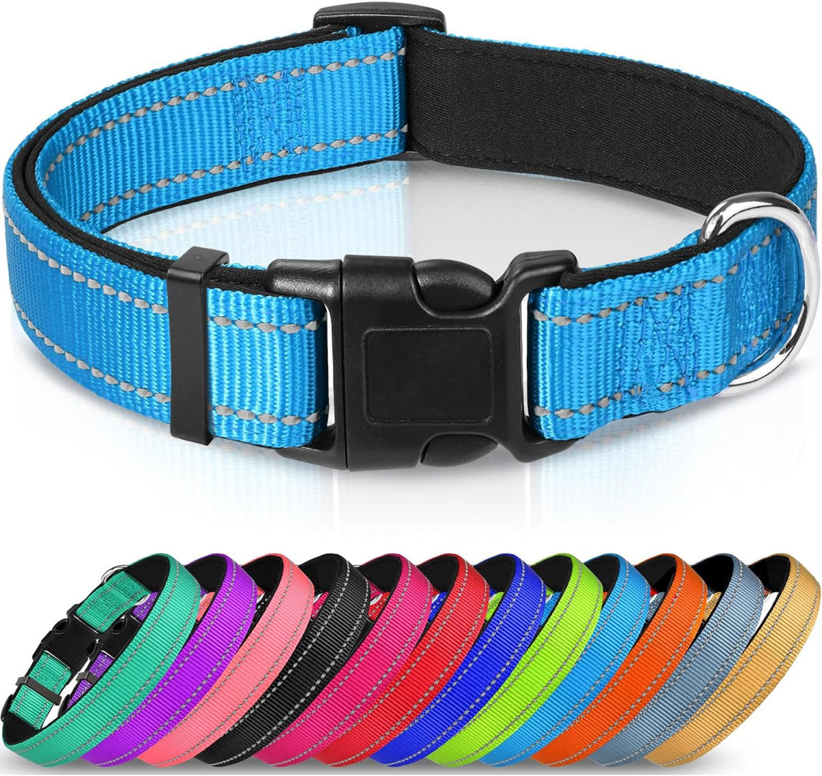 Adjustable Reflective Nylon Webbing Dog Collar in black with colorful options below, showcasing comfort and durability.