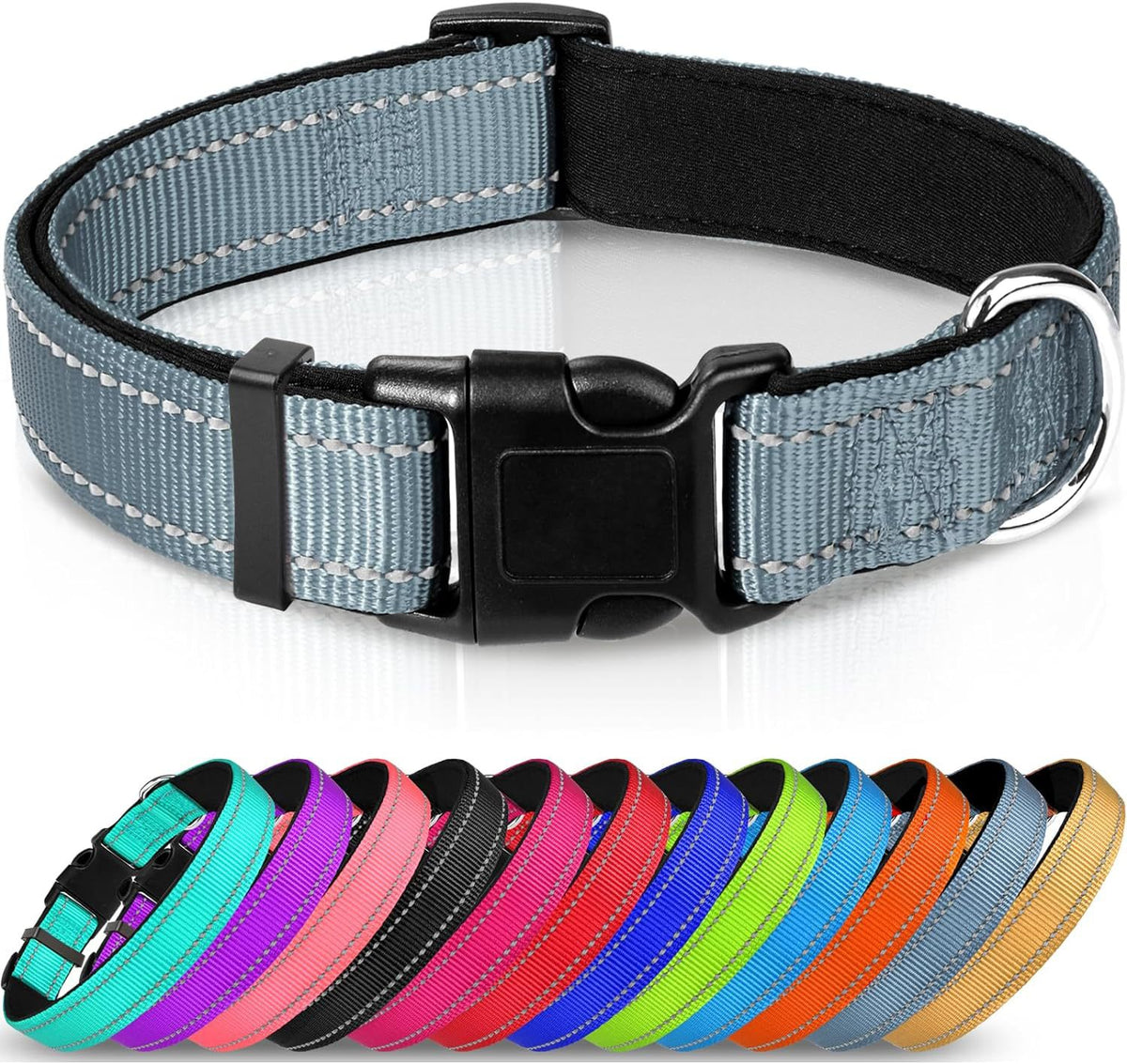 Adjustable Reflective Nylon Webbing Dog Collar in black with colorful options below, showcasing comfort and durability.